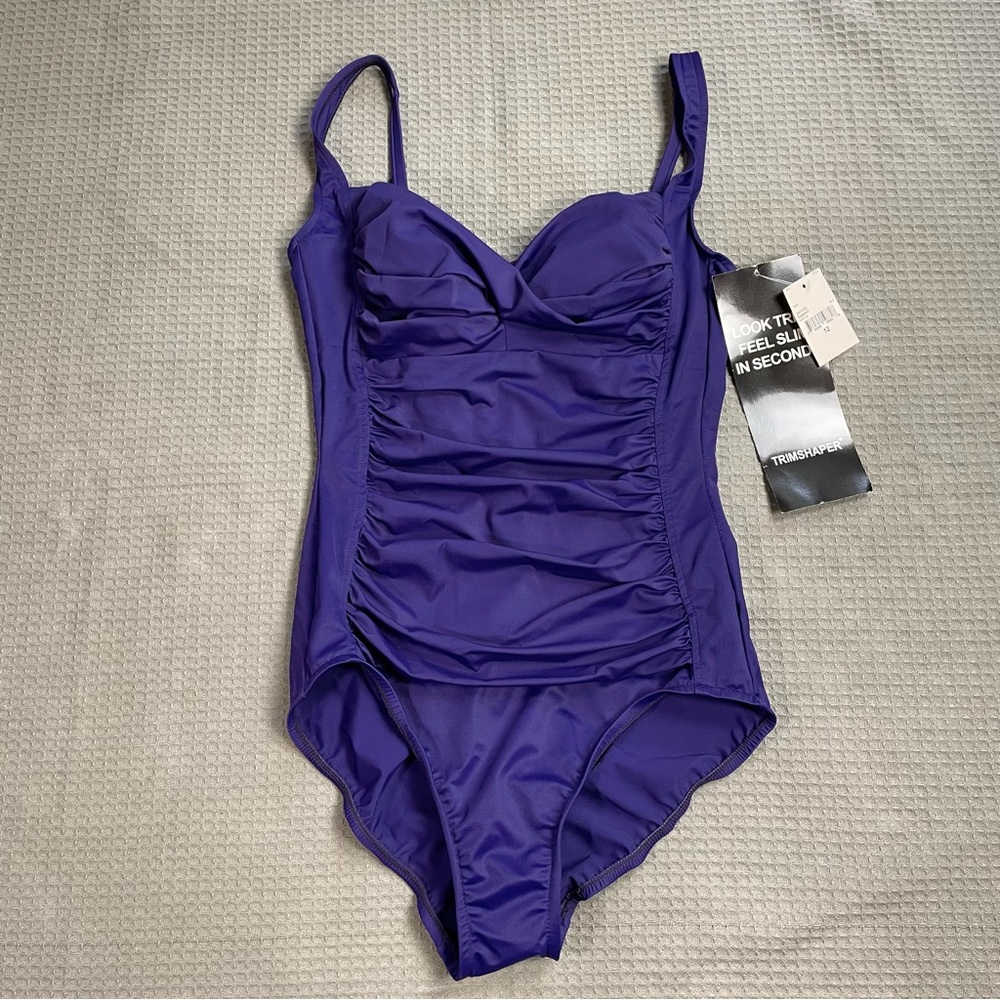New Trimshaper Averi One Piece Swimsuit 12 Womens Shirred Slimming Purple